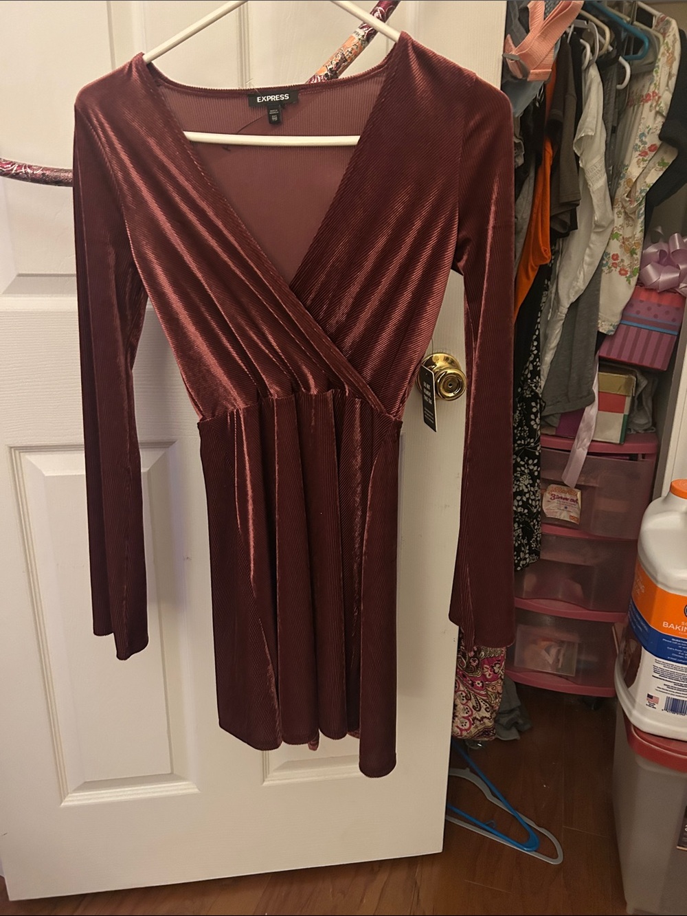 Express Women's Deep Burgundy Velvet Wrap-Style Long Sleeve Dress